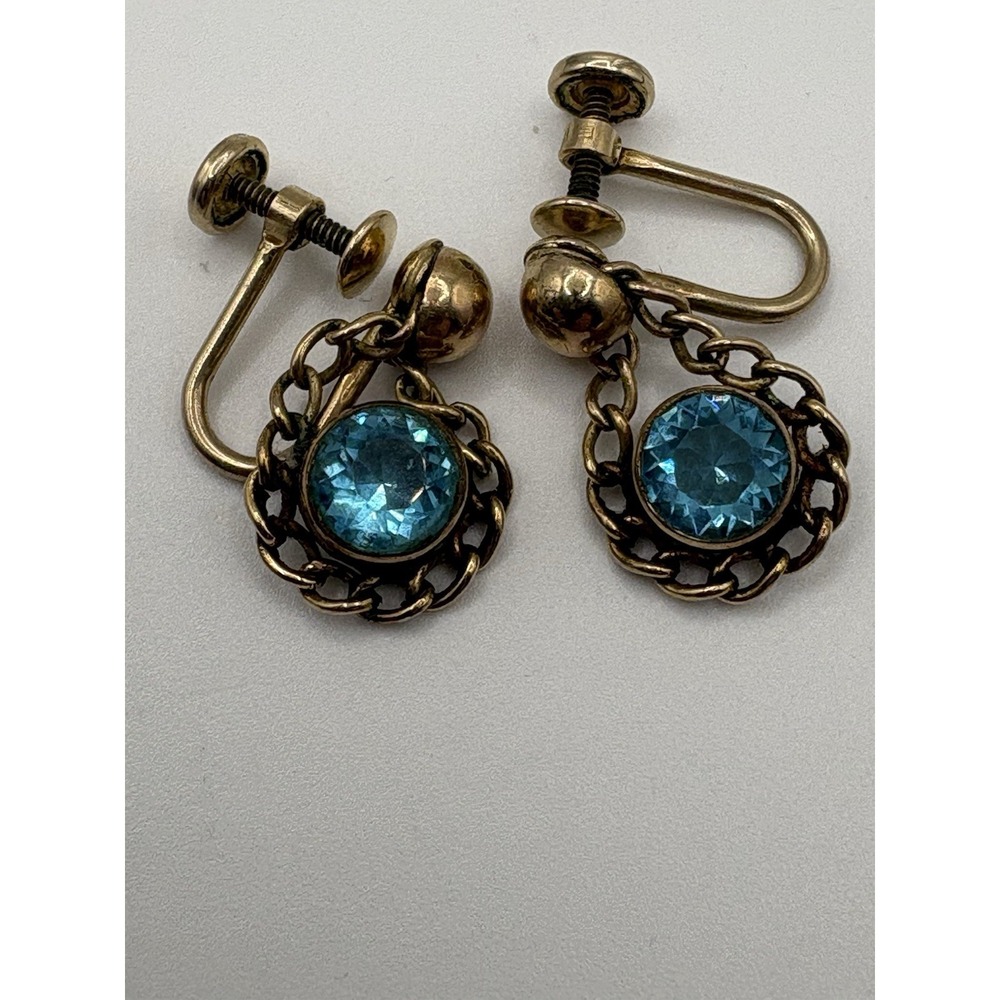 Vintage Carl Art 12KT GF Blue Rhinestone Gold Chain Screw Back Earrings‎
